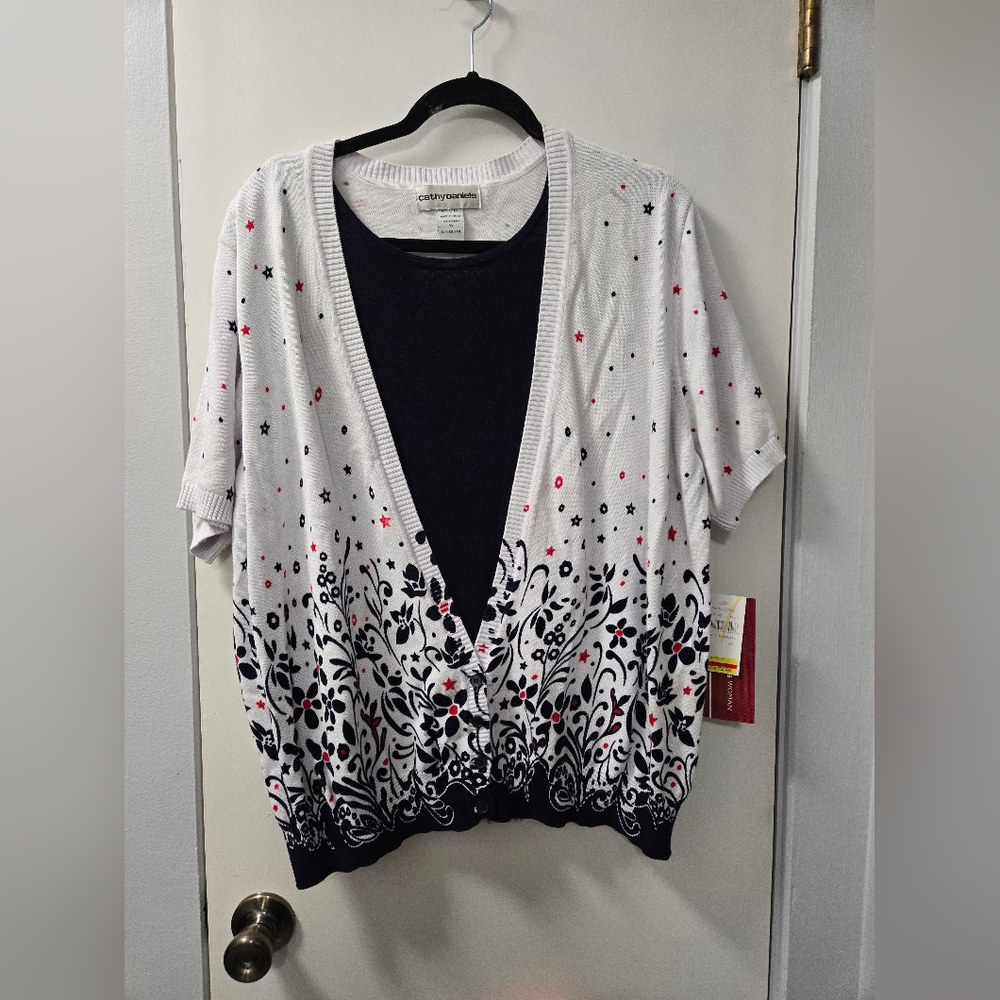 White and Dark Blue Patterned Cardigan